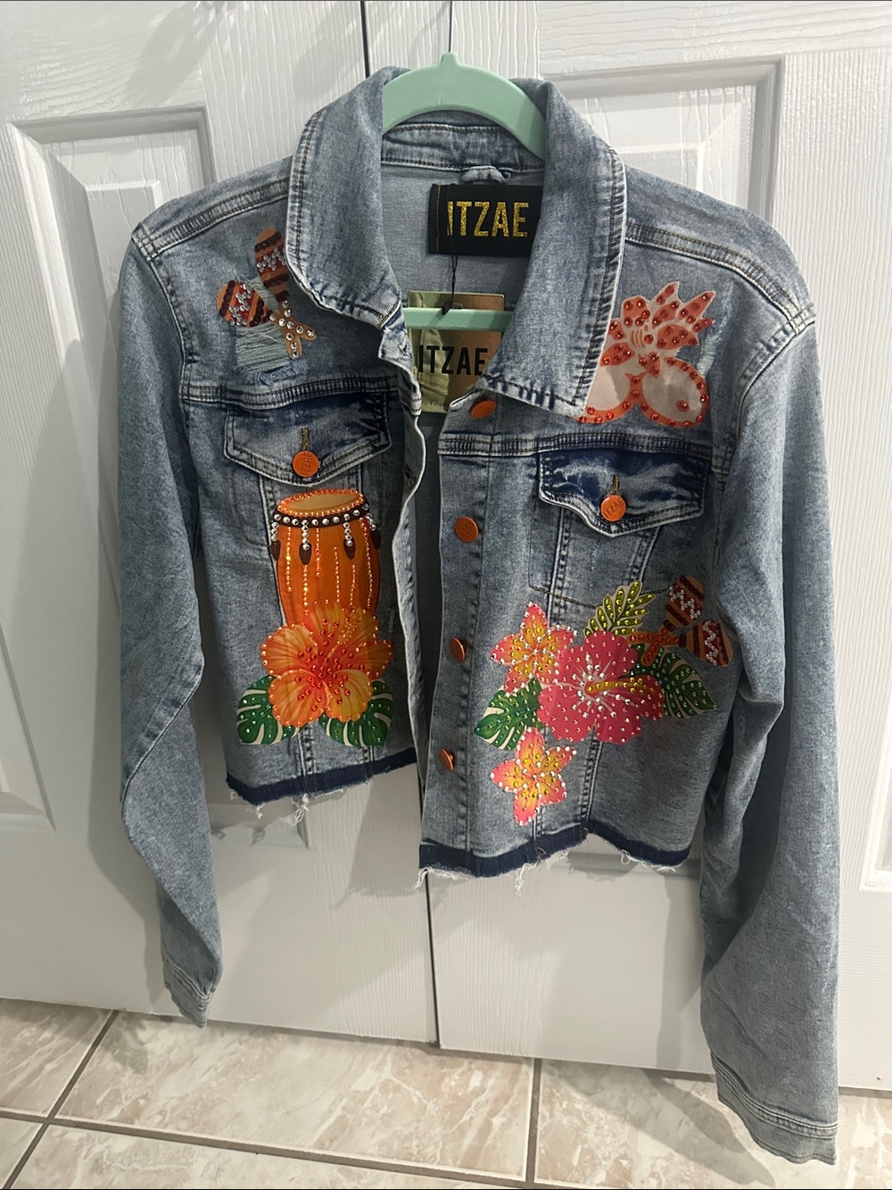 Karol G inspired Women's Light Blue Denim Jacket Embellishments/Rhinestones